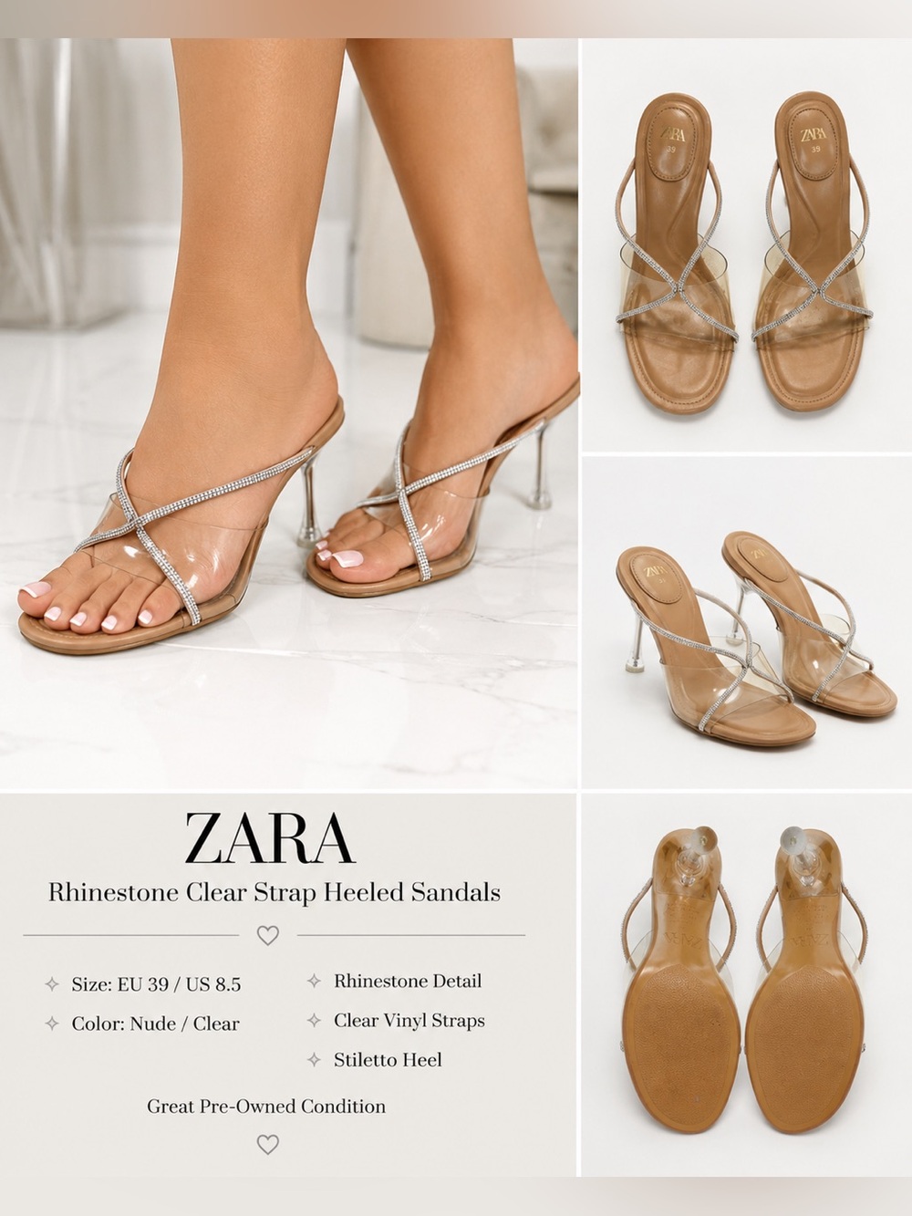 Zara Nude and Clear Rhinestone Strap Heeled Sandals
